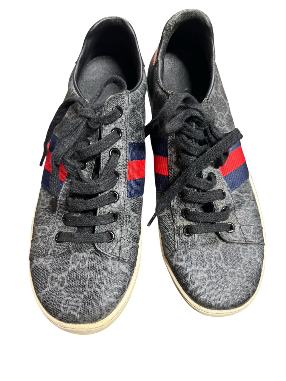 Gucci GG Monogram Canvas Sneakers Red Blue Stripe size 38 US 7 1/2